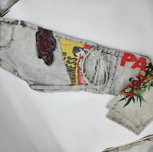 High Times Mens Graphic Printed Distressed Ribbed Moto Jeans White Wash/32/NWT